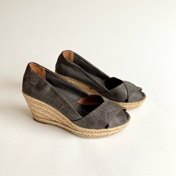 Tory Burch Grey Silver Fabric Espadrille Heeled Wedges size 8 - Picture 2 of 14